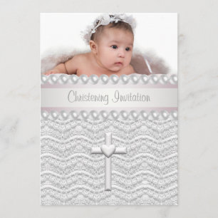 Convite de Batismo Menina Bebê com Pérolas Rosa e 