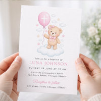 Convite de Batismo Menina Urso de Pelúcia Rosa