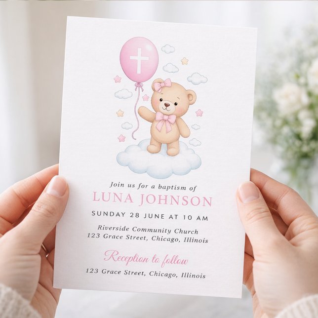 Convite de Batismo Menina Urso de Pelúcia Rosa (Criador carregado)