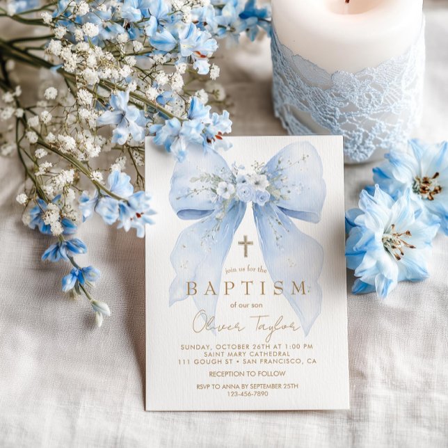 Convite de Batismo Menino com Laço Floral Azul (Criador carregado)