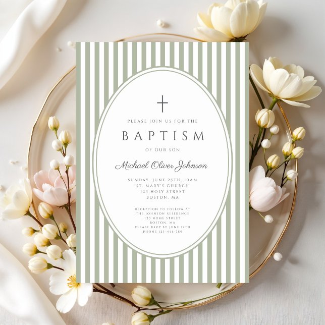 Convite de Batismo Menino Listras Verde Sage Elega (Elegant Sage Green Stripes Boy Baptism Invitation)