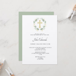Convite de Batismo Minimalista Verde e Dourado