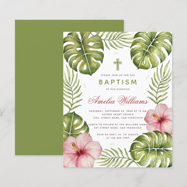 Convite de Batismo Orçamento Folhas Tropicais Hibi (Frente/Verso)