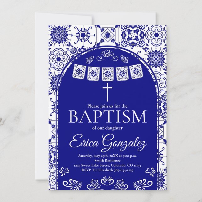 Convite de Batismo Papel Picado Azul Marinho (Frente)