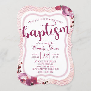 Convite De Batismo Para Bebê Chevron Floral Rosa