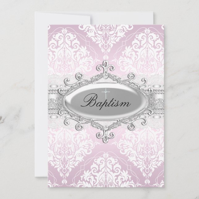 Convite de Batismo Pink Damask & Jewel Cross (Frente)
