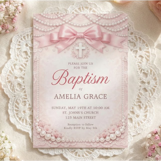 Convite de Batismo Pink Pearl Design com Laço de C (Elegant pink pearl baptism invitation with satin bow and cross details)
