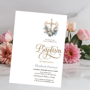 Convite de Batismo Pontilhado Cruz Floral Elegante