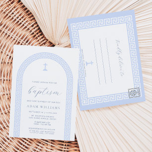 Convite de Batismo Postcard Branco e Azul com Moti