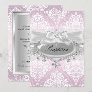 Convite de Batismo Pretty Pink Damask & Bow