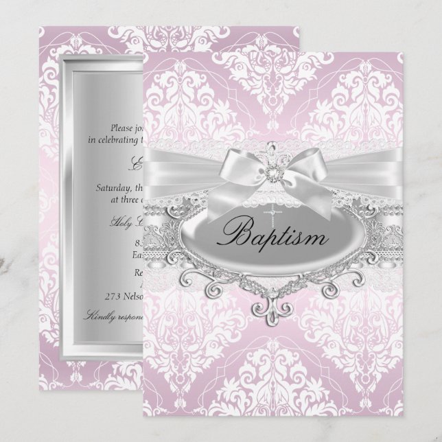 Convite de Batismo Pretty Pink Damask & Bow (Frente/Verso)