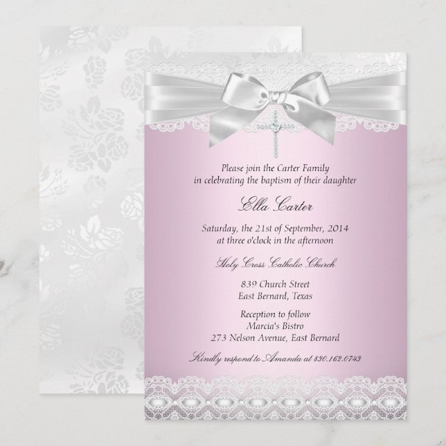 Convite de Batismo Pretty Pink Lace Cross (Frente/Verso)