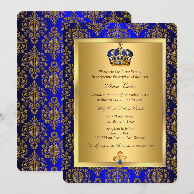 Convite de Batismo Príncipe Azul Real Coroa (Frente/Verso)