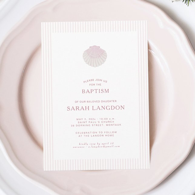 Convite de batismo rosa branco concha costeira (Criador carregado)