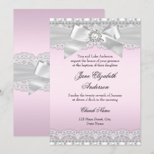 Convite de Batismo Rosa com Laço de Diamante