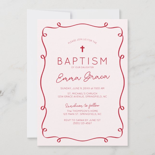 Convite De Batismo Rosa E Vermelho Desenhado À Mão (Frente)