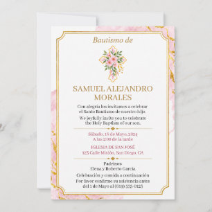 Convite de Batismo Rosa Floral Cruz Dourada