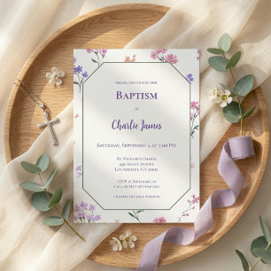 Convite de Batismo Rosa Roxo Botânico