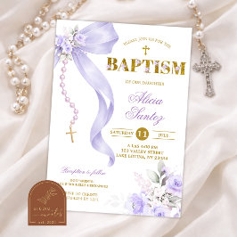 Convite de batismo Rosário Coquette Laço Roxo