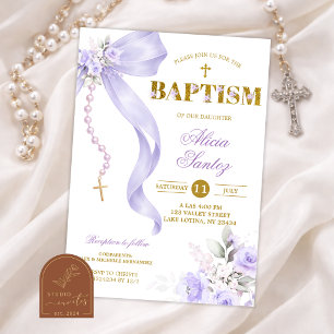 Convite de batismo Rosário Coquette Laço Roxo