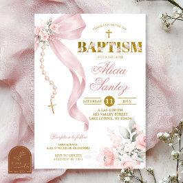 Convite de Batismo Rosário Coquette Rosa Elegante