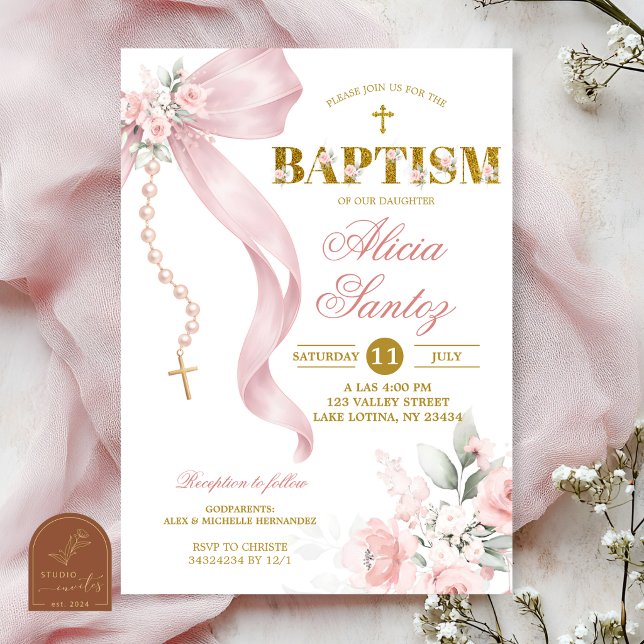 Convite de Batismo Rosário Coquette Rosa Elegante (Criador carregado)