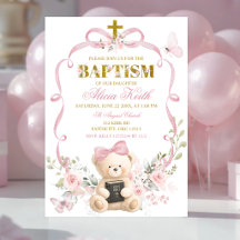 Convite de Batismo Urso Coquette Laço Floral Rosa