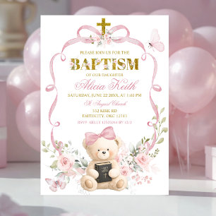 Convite de Batismo Urso Coquette Laço Floral Rosa