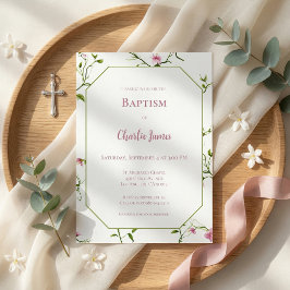 Convite de Batismo Verde Botânico Rosa