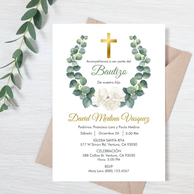 Convite de Batismo Verde Folha em Espanhol (Criador carregado)