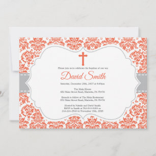 Convite de Batismo Vermelho e Cinza Damask