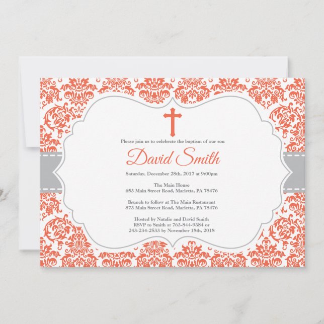 Convite de Batismo Vermelho e Cinza Damask (Frente)