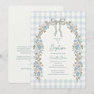 Convite de Batismo Xadrez com Arco Floral Azul Del