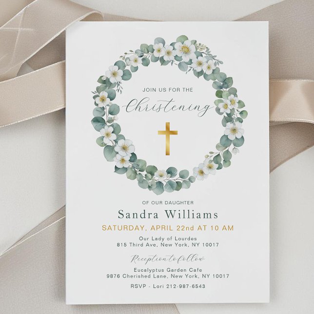Convite de Batizado com Coroa Floral de Eucalipto (Eucalyptus Floral Wreath Baptism Invite)