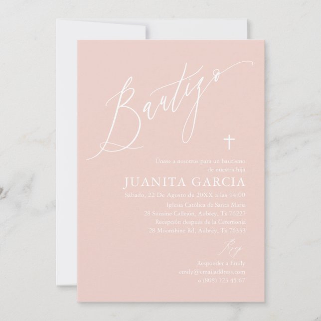 Convite de batizado de menina rosa empoeirado (Frente)