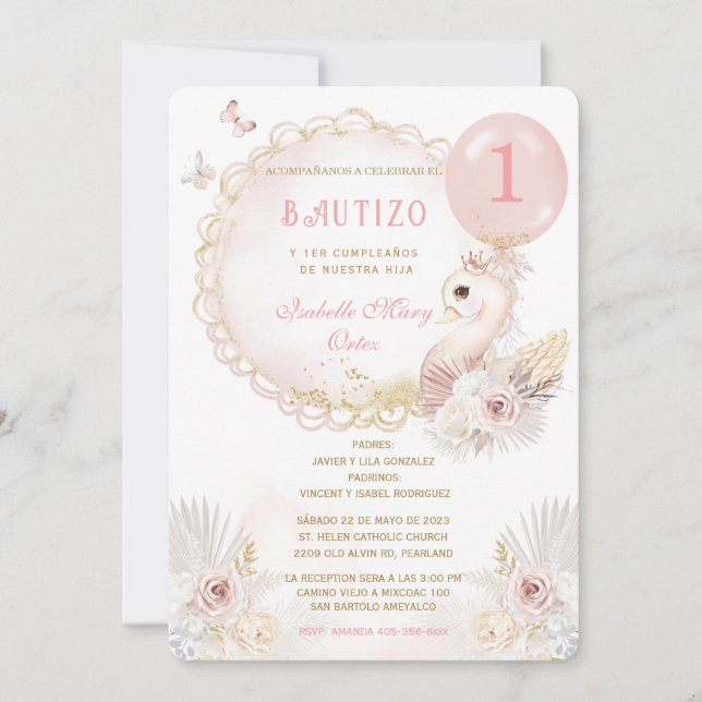 Convite de Batizado E Primeiro Aniversário Cisne (Frente)
