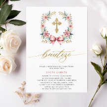 Convite de Batizado Espanhol Rosa e Dourado