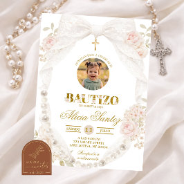 Convite de Bautizo com Foto de Laço de Renda Marfi
