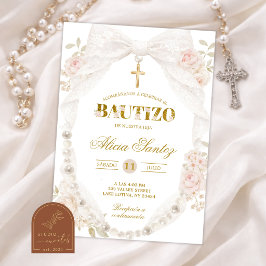 Convite de Bautizo com Laço de Marfim e Pérola