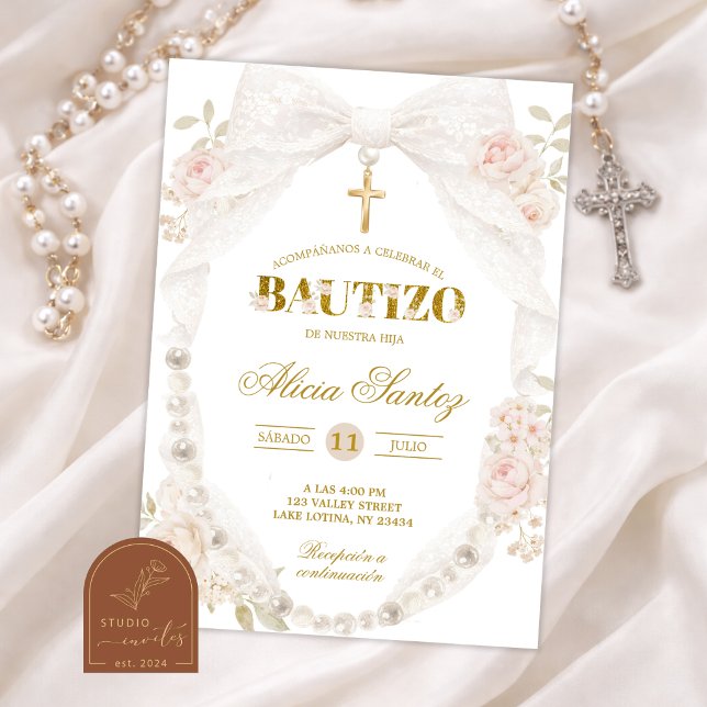 Convite de Bautizo com Laço de Marfim e Pérola (Criador carregado)