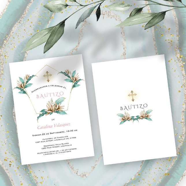 Convite De Bautizo Con Flores Dourada Ivory Lily (Bautizo Baptism instant download invitation.)