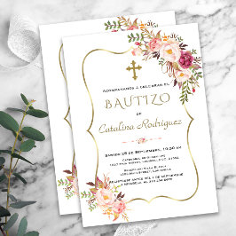 Convite De Bautizo Con Flores Dourada Rapariga Bat
