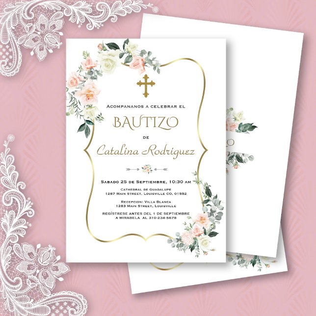 Convite De Bautizo Con Flores Dourado Batismo (pink white flowers bautizo invite, trendy modern  elegant floral gold bautizo invitation, spanish )