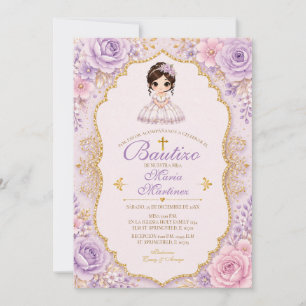 Convite de Bautizo Menina Floral Lavanda com Doura