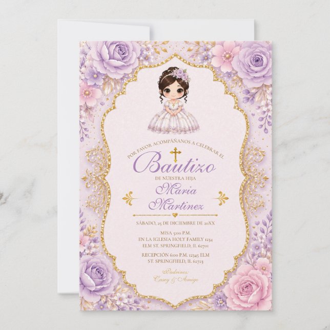 Convite de Bautizo Menina Floral Lavanda com Doura (Frente)
