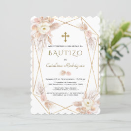 Convite De Bautizo Pampas Grass Dourado Baptismo