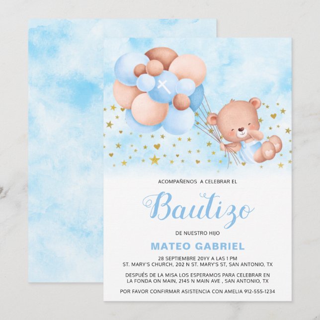 Convite de Bautizo para Niño con Oso Baptism (Frente/Verso)