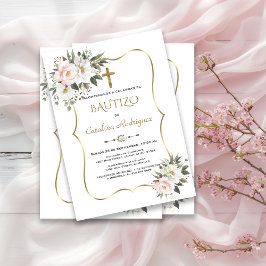 Convite De Bautizo White Flores Douradas Batismo