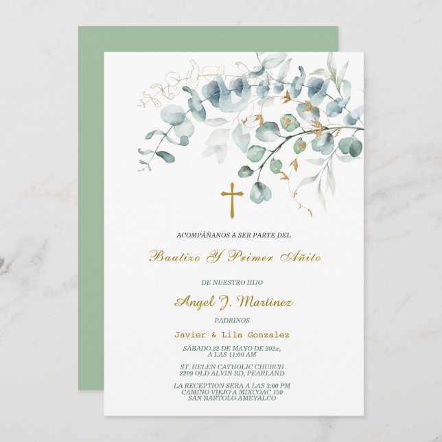 Convite de Bautizo Y Primer Añito (Frente/Verso)