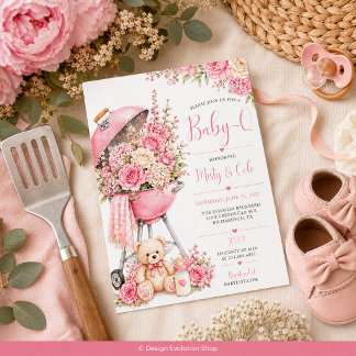 Convite de BBQ Churrasco de Bebê com Flores Rosa p